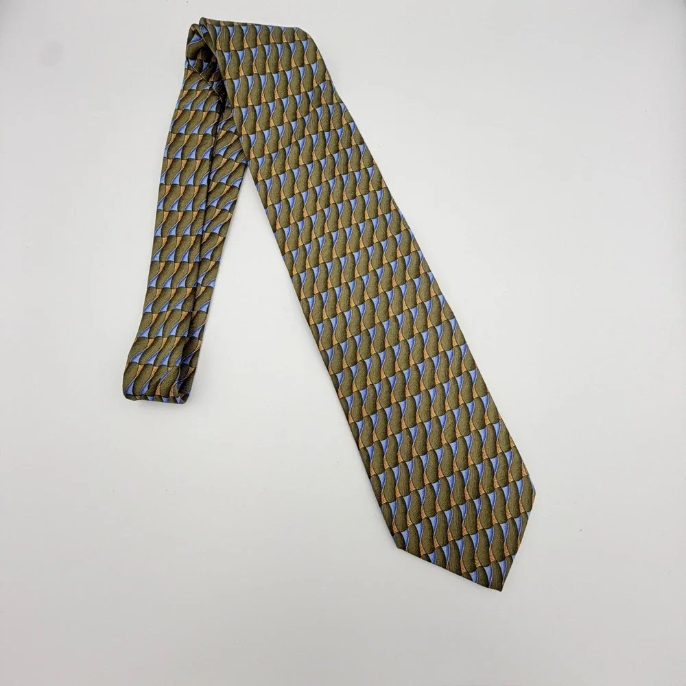 Jos. A. Bank Corporate Collection Silk Tie Olive‎ Green Blue Geometric Wave Mens